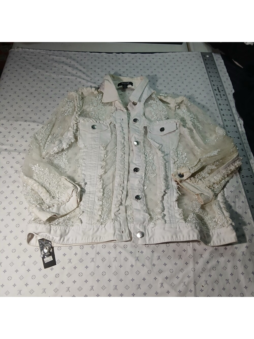 Azi White Lace Embroidered Trucker Jacket Womens Fairycore Boho Y2K Retro XL